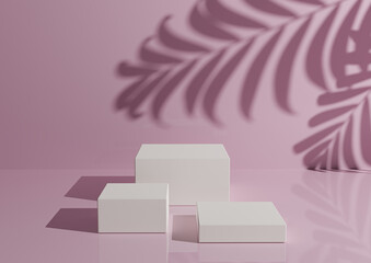 Three white podiums or stands on pastel pink background for product display. Minimalistic composition for product photography 3D rendering mockup.