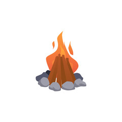 Wooden logs burning in fireplace, cartoon flat vector illustration isolated.