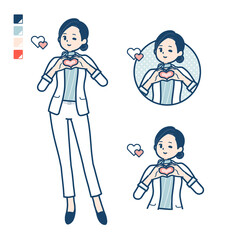 ビューティーアドバイザー女性が手でハートマークを作っているイラスト
