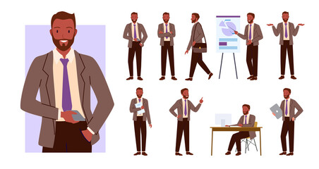 Businessman poses set vector illustration. Cartoon office worker character showing business presentation on lecture, man employee with beard holding phone and laptop, walking isolated on white