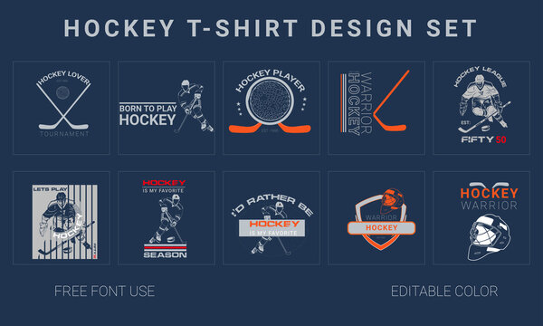 Hockey t-shirt design vector illustration, Set of hockey club emblems. Design element for logo, label, sign, t-shirt, poster.

