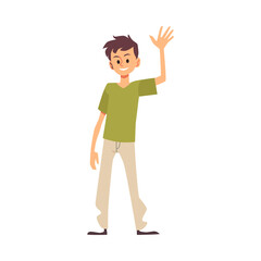 Teen boy waving hand welcoming family or friends in flat vector illustration