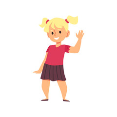 Fototapeta na wymiar Little blonde girls with pigtails waving hello, kindergarten childcare character design. White girl wave bye and smile.