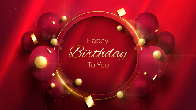 Happy birthday card background with 3d balloons decorations and gold ribbons with glittering light effects.