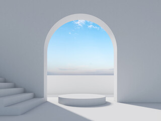 White stairway, arch and round podium, 3d background