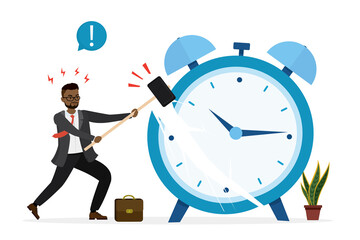 Office worker or businessman smashes big alarm clock using hammer. Burnout at work. Business stress, deadline. Dissatisfaction with work. Bad time management. Last call, final countdown.