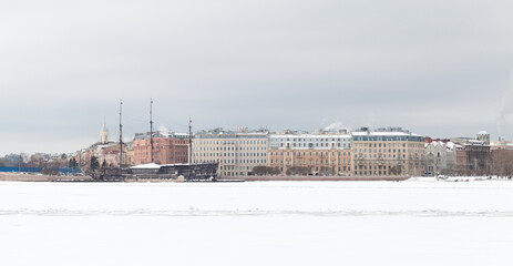 Winter panoramic photo with Neva river coast. St.Petersburg