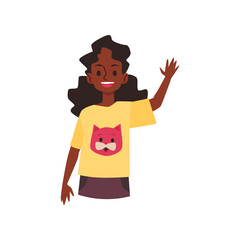 Black African curly girl smiling and waving hello. Black kid wearing t-shirt with cat print wave bye or hi, cartoon flat