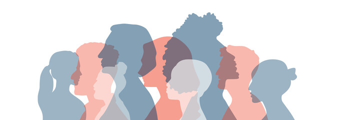 People of different ethnicities stand side by side together. Flat vector illustration.