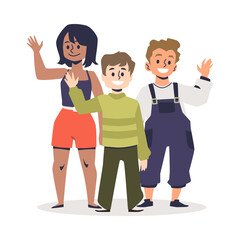 Fototapeta premium Three children waving hand, cartoon vector illustration. Teens and big kids wave hello or bye, summer camp character.