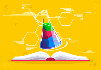 Vector illustration of the concept of teaching chemistry, an open book with a glass flask inside a chemical liquid