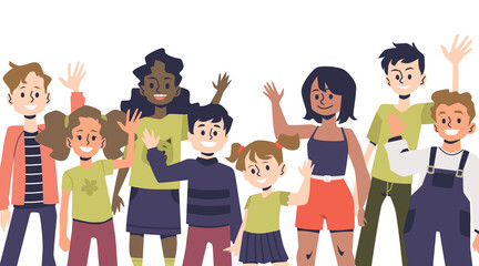 Diverse kids wave hello or bye. Happy children or school students waving hand, cartoon clipart. Childcare group of kids.