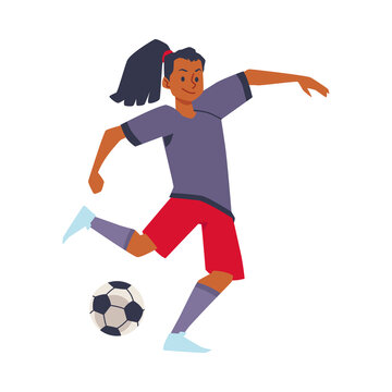 Black girl soccer player avatar. Hispanic woman with ponytail hair playing football, kick the ball. Vector Illustration.
