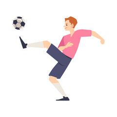 Soccer player male character kicking ball, flat vector illustration isolated.