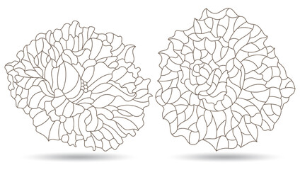 Set of contour illustrations in stained glass style with peony and rose flowers, dark outlines isolated on a white background