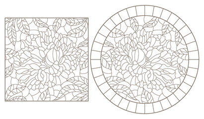 Set of contour illustrations in stained glass style with abstract peony flowers, dark outlines on a white background
