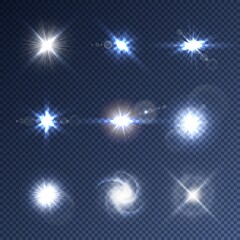 Fototapeta na wymiar Lens flare with light sparkle effect set. Star beam or shine explosion isolated on transparent background