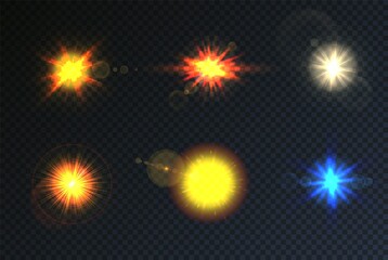 Color glowing light sparkle and flash set. Magic explode, star burst or starlight