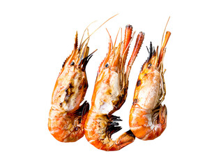 Top view of 3 grilled prawns isolated on a white background.