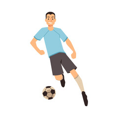 Soccer player dribbles or passes ball in competition game in flat vector