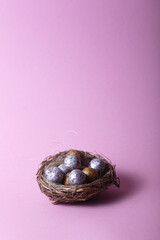 Easter concept - nest with chocolate eggs against pink background
