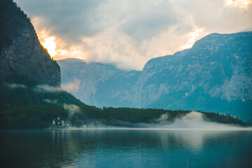 panoramic view of hallstatt sea at misty weather
