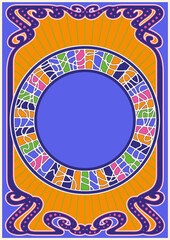 Psychedelic Art Nouveau Frame, Background. 1900s Decorative Ornament, 1960s Psychedelic Colors