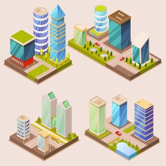 Isometric city part with skyscraper set. Downtown with transport and residential real estate cartography