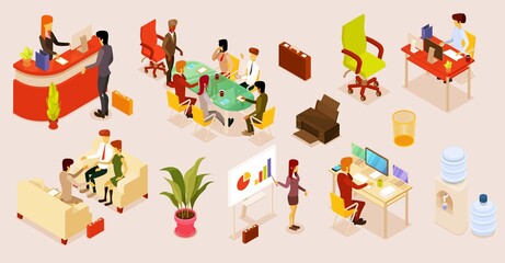 Isometric business office workflow set with employee, appliance supplies and furniture