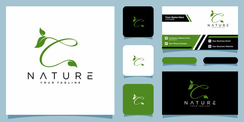 Initial letter C with leaf luxury logo. green leaf logo with business card design template