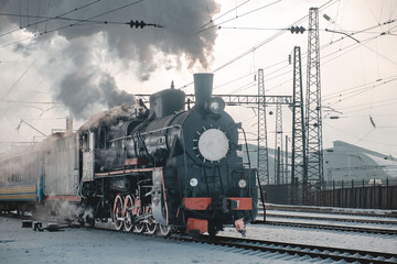 Plakat old retro steam train close up