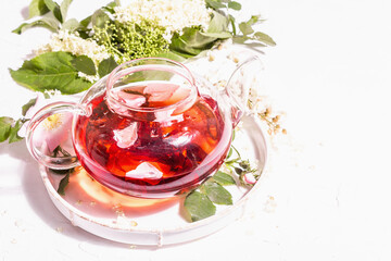 Assortment flowers tea. Fresh elderberry, rose hip, and acacia