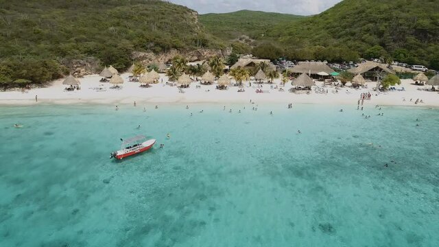 Middle altitude drone shot  at the caribbean beach of the Kenepa in Curacao