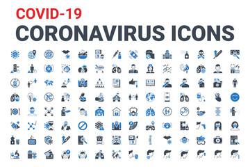 Coronavirus COVID 19 pandemic respiratory pneumonia disease related vector icons set. Included icons symptoms, transmission, prevention, treatment, virus, outbreak, contagious, infection 2019 nCoV
