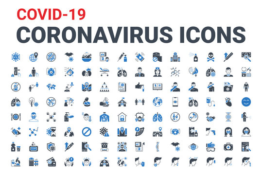 Coronavirus COVID 19 Pandemic Respiratory Pneumonia Disease Related Vector Icons Set. Included Icons Symptoms, Transmission, Prevention, Treatment, Virus, Outbreak, Contagious, Infection 2019 NCoV