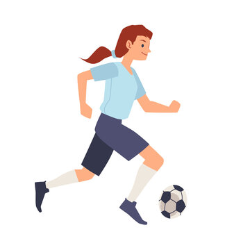 Woman soccer player runs with ball, passes, kicks, scores goal in flat vector