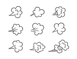 Comic fart cloud. Bad stink balloon. Explosion, angry breath. Cloud of smoke gas in comic style. Funny flatulence symbol. Set of vector illustration isolated on white background.