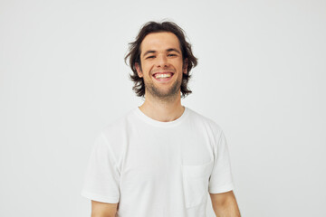Cheerful man in white t-shirt fashion cropped view isolated background