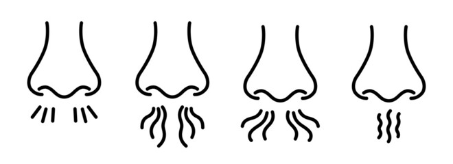 Nose and breath icon. Nasal breathing. Human organ of smell. Unpleasant smell. Nose inhales fragrance. Set of outline icons. Vector illustration in line style on white background. Editable stroke.