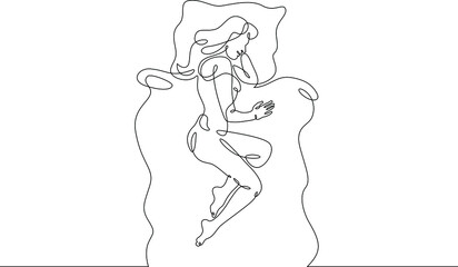 One continuous line.Woman sleeps on a pillow under a blanket.Sleeping man sees dreams. Sleeping in bed.Continuous line drawing.Lineart isolated white background.