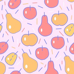 Seamless pattern of ripe red and yellow fruits on a light background for textile. Abstract pears, apples, plums and dashes on a pink background for wallpapers, covers.