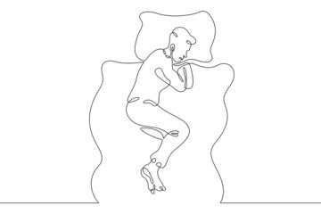 One continuous line.Man sleeps on a pillow under a blanket.Sleeping man sees dreams. Sleeping in bed.Continuous line drawing.Lineart isolated white background.