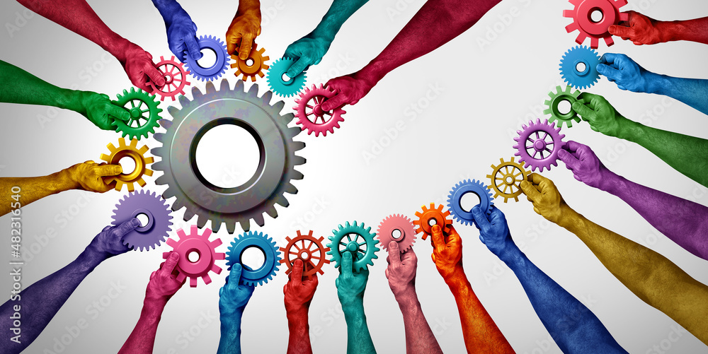Aufkleber corporate collaboration and succeeding together or collaborating as a team concept or connecting tea