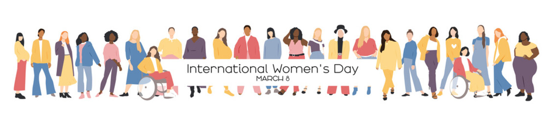 Fototapeta premium International Women's Day banner. Women of different ethnicities stand side by side together.