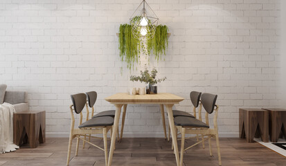 Modern Dining interior with dining table and chairs.3D illustration