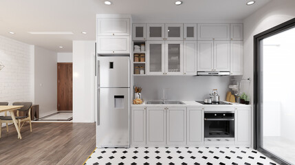 Modern Kitchen interior,with white cabinet, top table white marble. 3D illustration
