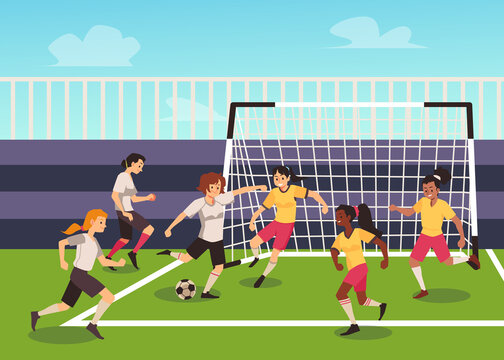 Stadium with women football or soccer teams, flat vector illustration. - Powered by Adobe