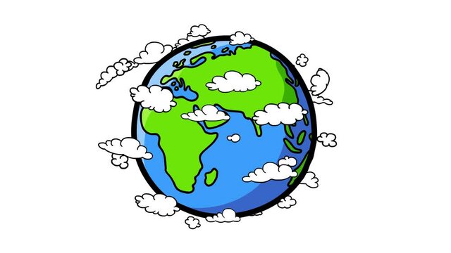 Earth cartoon 2d globe blue and green with black outline flat animation. Rotating linear planet with clouds. Good for modern explainer, educational or business film, titles, etc. Isolated.