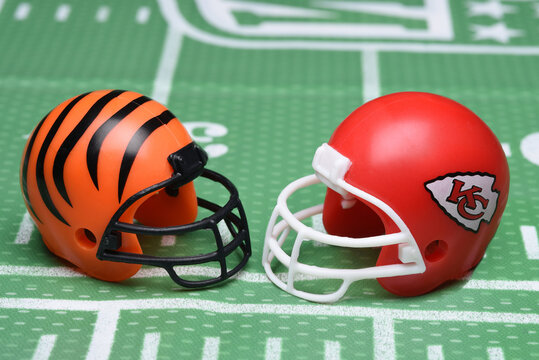 IRVINE, CALIFORNIA - 23 JAN 2022: Helmets for the Cincinnati Bengals and Kansas City Chiefs opponents in the AFC Conference Championship Game.