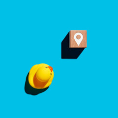 To find direction, navigation or destination in business. Rubber duckling moves towards the pin map...